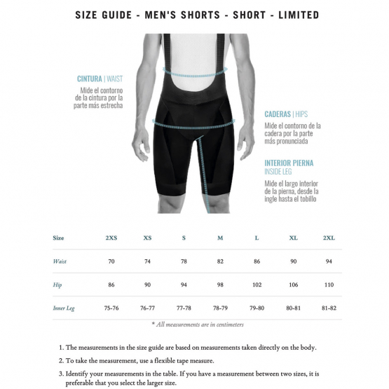 Avant bib shorts for men - size chart